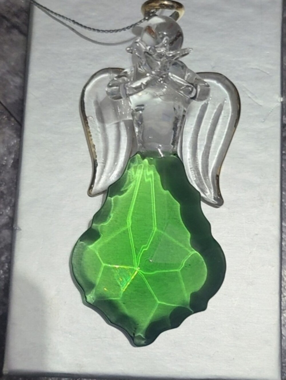 Crystal Glass ANGEL ORNAMENT Chandelier Clear Green Prism Gold Halo 4" Figurine